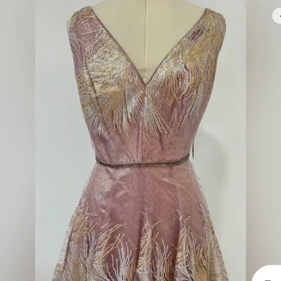 Rene Ruiz feathered fit flair gown